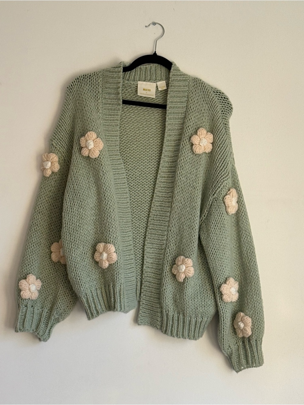Maeve Mint Green Chunky Knit Cardigan with Cream Floral Appliqués